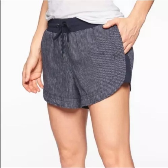 ATHLETA Navy Blue Striped Bali Linen Shorts Size 12 - Picture 1 of 13